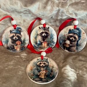 Ceramic Christmas Ornament - set of 4 watercolor Raccoon Ornaments